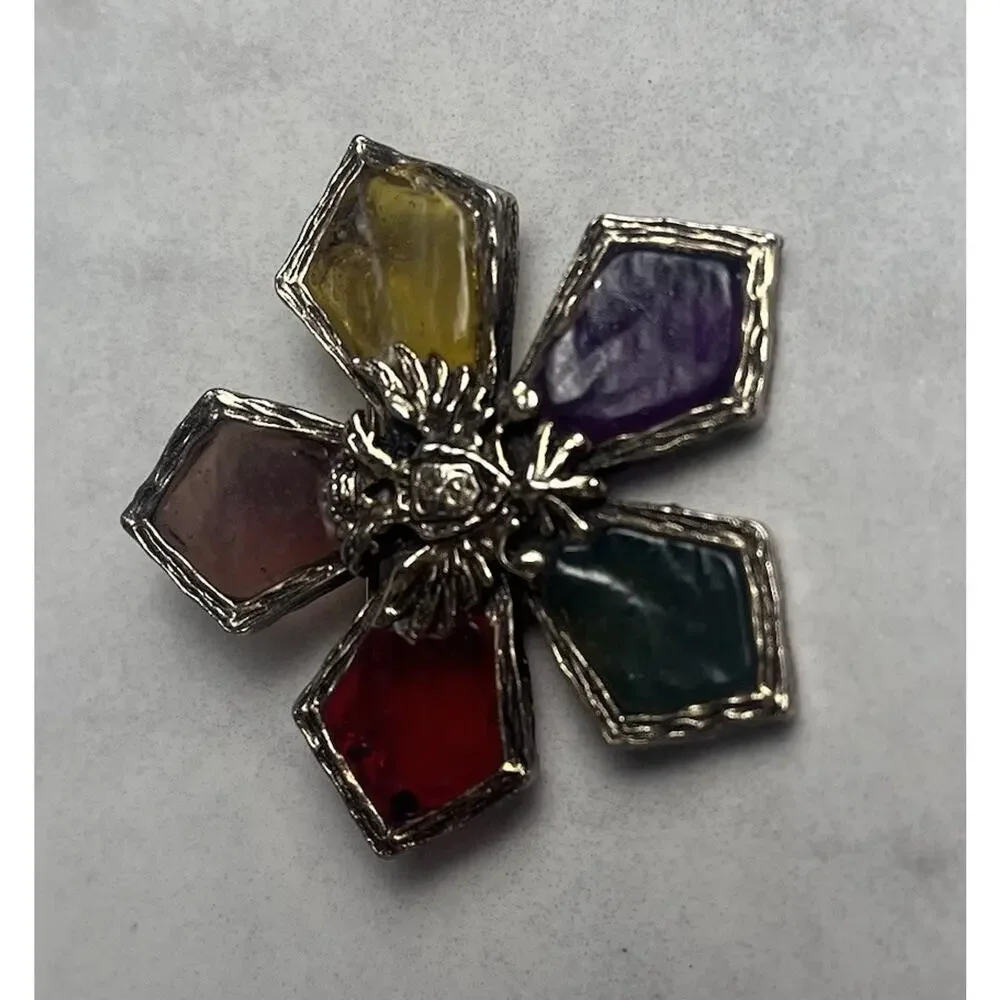 Vintage Coro Venetian Glow Stained Glass Resin Griffin Brooch Heraldic Star